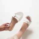 Women's Flat Sandals Rhinestone Strappy Buckle Slides With Soft Memory Foam Insole, Dressy Beach Leather Slippers for Summer Vacation (8, White)