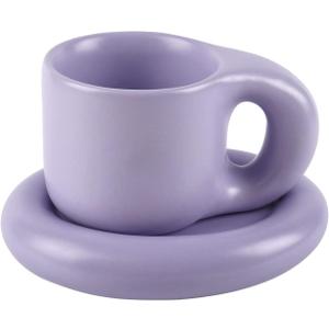 Koythin Ceramic Coffee Chubby Mug Saucer Set, Creative Cute Fat Handle Cup with Saucer for Office and Home, Dishwasher and Microwave Safe, 10 oz for Latte Tea Milk (Light Purple)