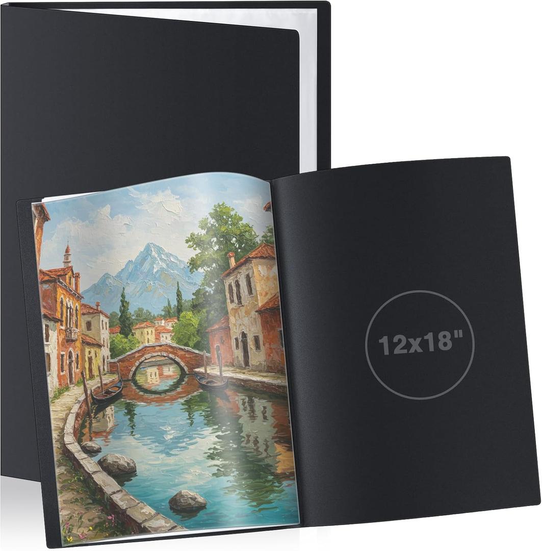 Affrolling 2 Pcs 12"x18" Art Portfolio Folder with 24 Pockets & Black Inner Sheets, Display 48 Pages, Art Portfolio Binder Scrapbook with Plastic Sleeves for Artwork