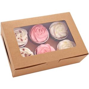 30-Set Cupcake Boxes with Inserts and Window Hold 6 Cupcakes, 9.4'' x 6.3'' x 3'', Brown Food Grade Kraft Cupcake Holder for Cookies, Muffins, Bakeries