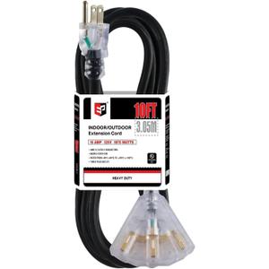 EP 10 Ft Lighted Outdoor Extension Cord with 3 Electrical Power Outlets - 12/3 SJTW Heavy Duty Black Extension Cable with 3 Prong Grounded Plug for Safety, UL Listed