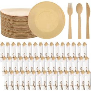 Layhit 50 Set Bamboo Cutlery and Pre Rolled Napkin Disposable Cutlery Utensils with Forks, Knives, Spoons, Napkins for Wedding, Party, Baby Shower, Outdoor Events
