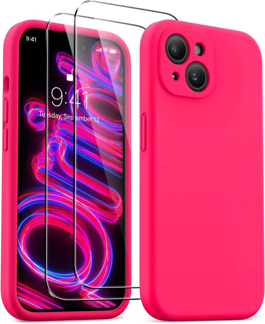 AOTESIER Magnetic for iPhone 15 Case, [Compatible with Magsafe] [Food Grade Silicone] Upgraded Camera & Screen Protection Phone Case with [2 Screen Protectors], 6.1 inch, Hot Pink