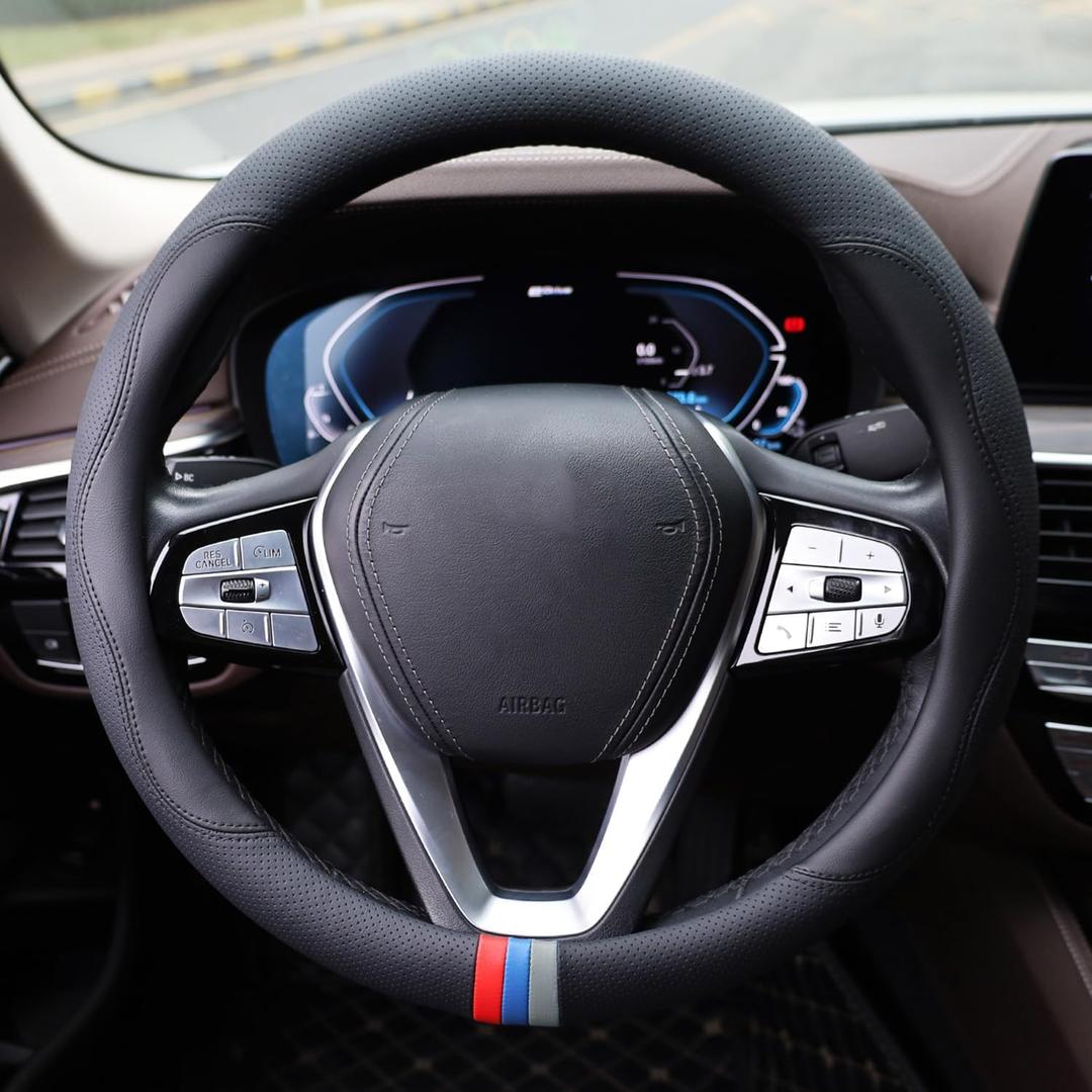 Car Steering Wheel Cover for BMW X3 X5 X7 3 5 Series 328i 528i 535i 530i 540i 320i 325i 330i X1 X2 X4 X6 1 2 4 6 7 8 M3 Series e90 e60 f30 e46 Interior Accessories, Black Leather-14.5-15 inch