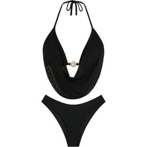ZAFUL Women's Two Piece Bikini Sets Triangle Halter Swimsuit Deep V Cowl Neck Ruching Bathing Suits (XL)