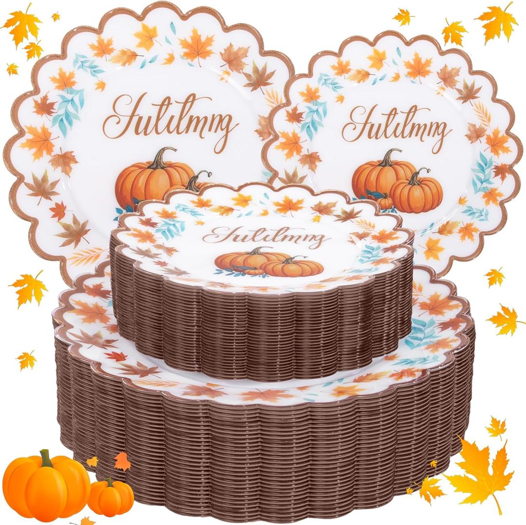 Supernal 60pcs Thanksgiving Plastic Plates Heavy Duty,Fancy Scalloped Plates with Fall Pumpkin and Autumn Maple Leaves, Include 30 Dessert Plate&Dinner Plastic Plate for Thanksgiving Party
