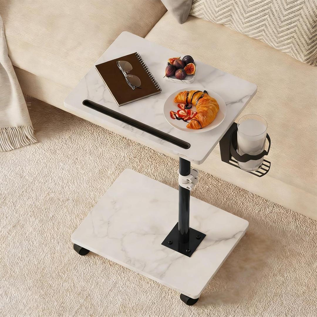 Adjustable TV Tray Table, TV Dinner Table for Eating, C-Shaped TV Trays for Couch, 360° Swivel Side End Table, Slide Under Sofa Snack Table for Bedroom Living Room Small Space (White+Black)