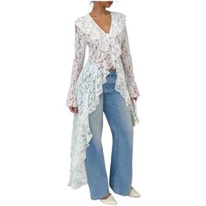 MakeMeChic Women's Floral Lace Tops Tie V Neck Blouse Long Sleeve Ruffle High Low Elegant Shirt, L