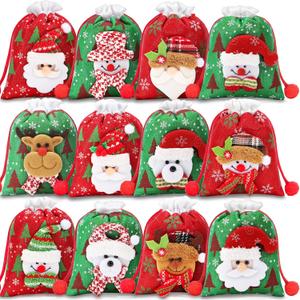 12Pcs Christmas Gift Doll Bags with Drawstring, 5.5x7in 3D Christmas Goody Gift Bags Small Fabric Xmas Candy Bags, Burlap Treat Bags Christmas Gift Wrapping Bags Holiday Party Favors Decor Santa Sacks (Shiny Red & Green)