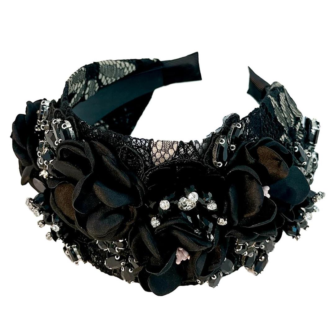 Big Wide Chunky Flower Headbands for Women Fashion Floral Crystal Bead Stone Rhinestone Decorative Embroidered Girls Hairbands (wide black)