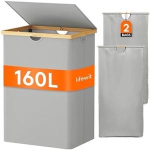 Lifewit 160L Double Laundry Hamper with Lid, Extra Large Bamboo Laundry Basket Dirty Clothes Hamper, 2 Section Laundry Bin Organizer for Laundry Room Bedroom with 2 Removable Liners & Bags,Silver Grey