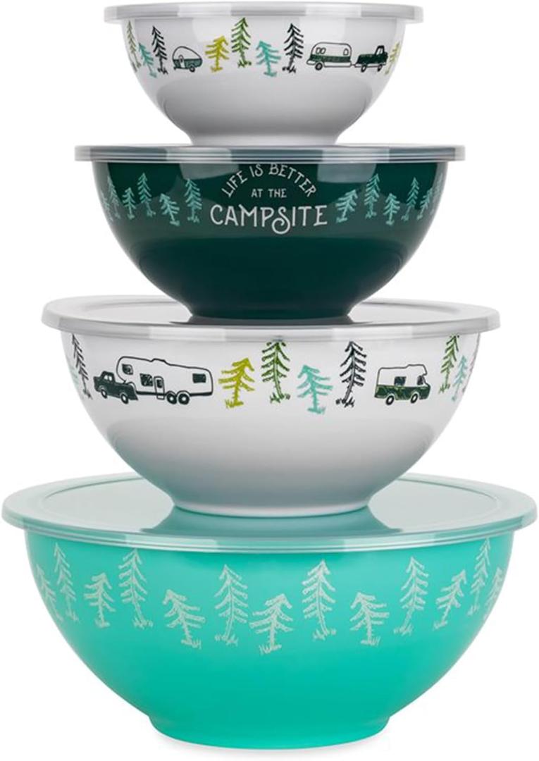 Camco Life is Better at The Campsite Nesting Bowl Set with Lids | Great for On-The-Go Lifestyles | Features (4) Durable Melamine Bowls with (4) Plastic Lids (53451) (Multi Size)