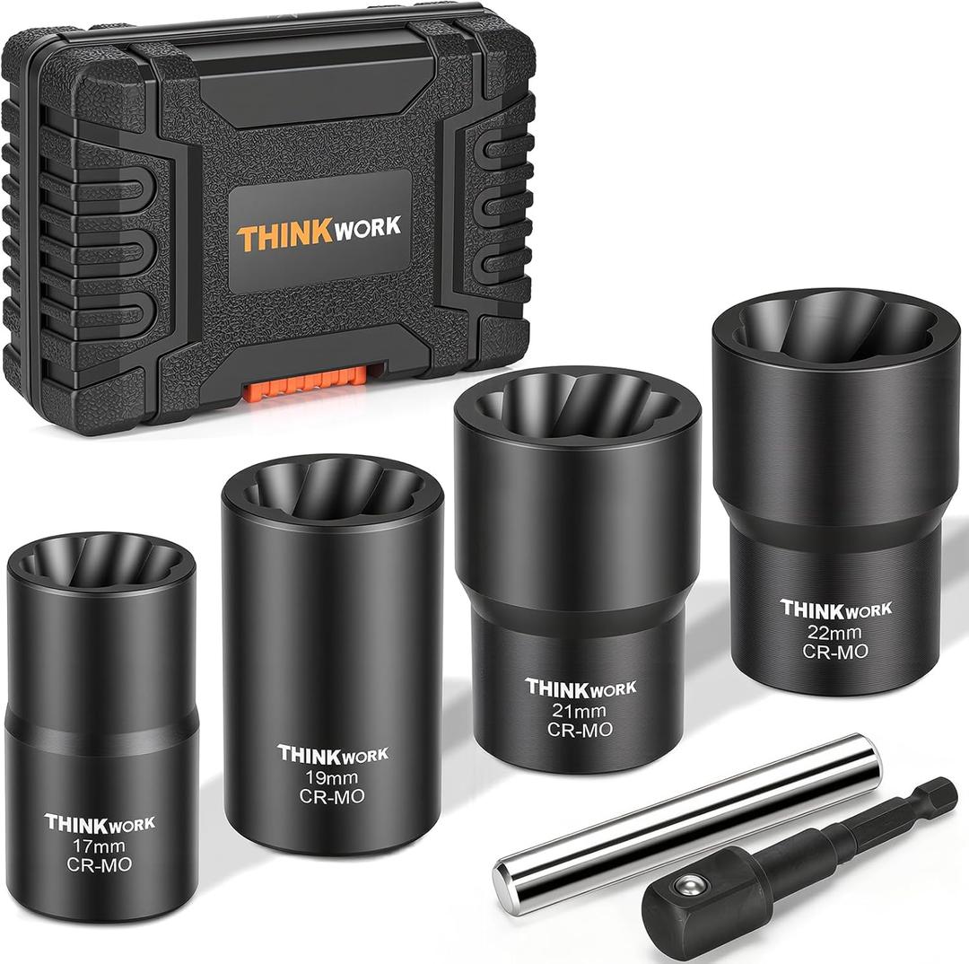 THINKWORK 1/2 Inch Drive Lug Nut Removal Tool, 6-Piece Wheel Lock Removal Kit, Lug Nut Remover for Stripped, Rounded, Frozen, Rusted Bolts