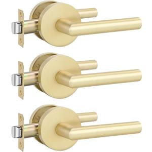 goldenwarm Gold Closet Door Handles Interior, Brushed Brass Interior Passage Door Handles, Heavy Duty Zinc Alloy Brushed Gold Door Lever for Hall and Closet (3 Pack)