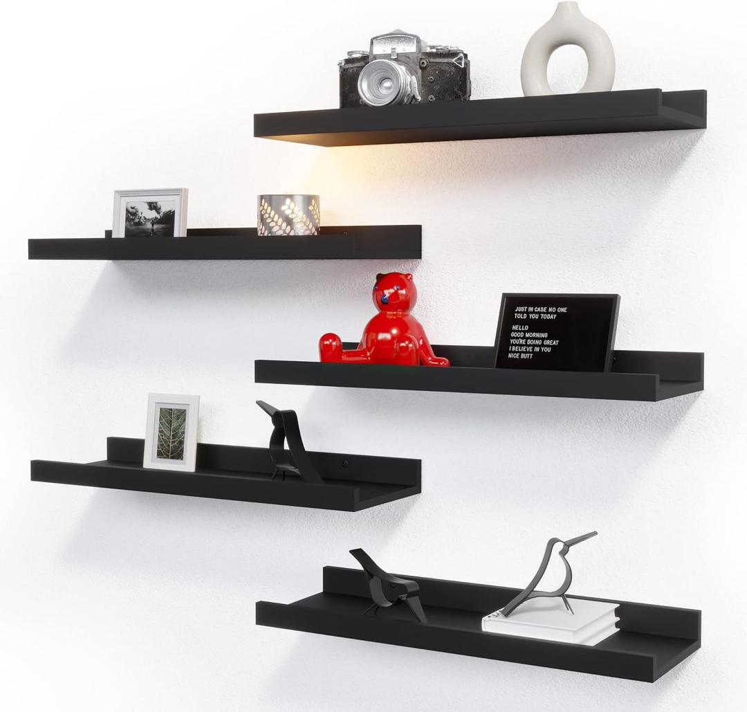 RICHER HOUSE 5 Set Floating Wall Mounted Shelves, Black Shelves for Wall Decor, Modern Picture Ledge Shelf with Lip for Storage, Nursery, Bedroom, Living Room, Bathroom - Black, 15.75in