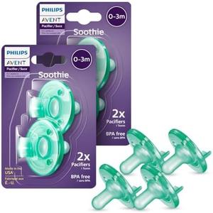 Philips Avent Soothie Orthodontic Baby Pacifiers, 100% Silicone Pacifiers, One Piece, BPA-Free, for Babies 0-3 Months, Green, Pack of 4, Model SCF190/41