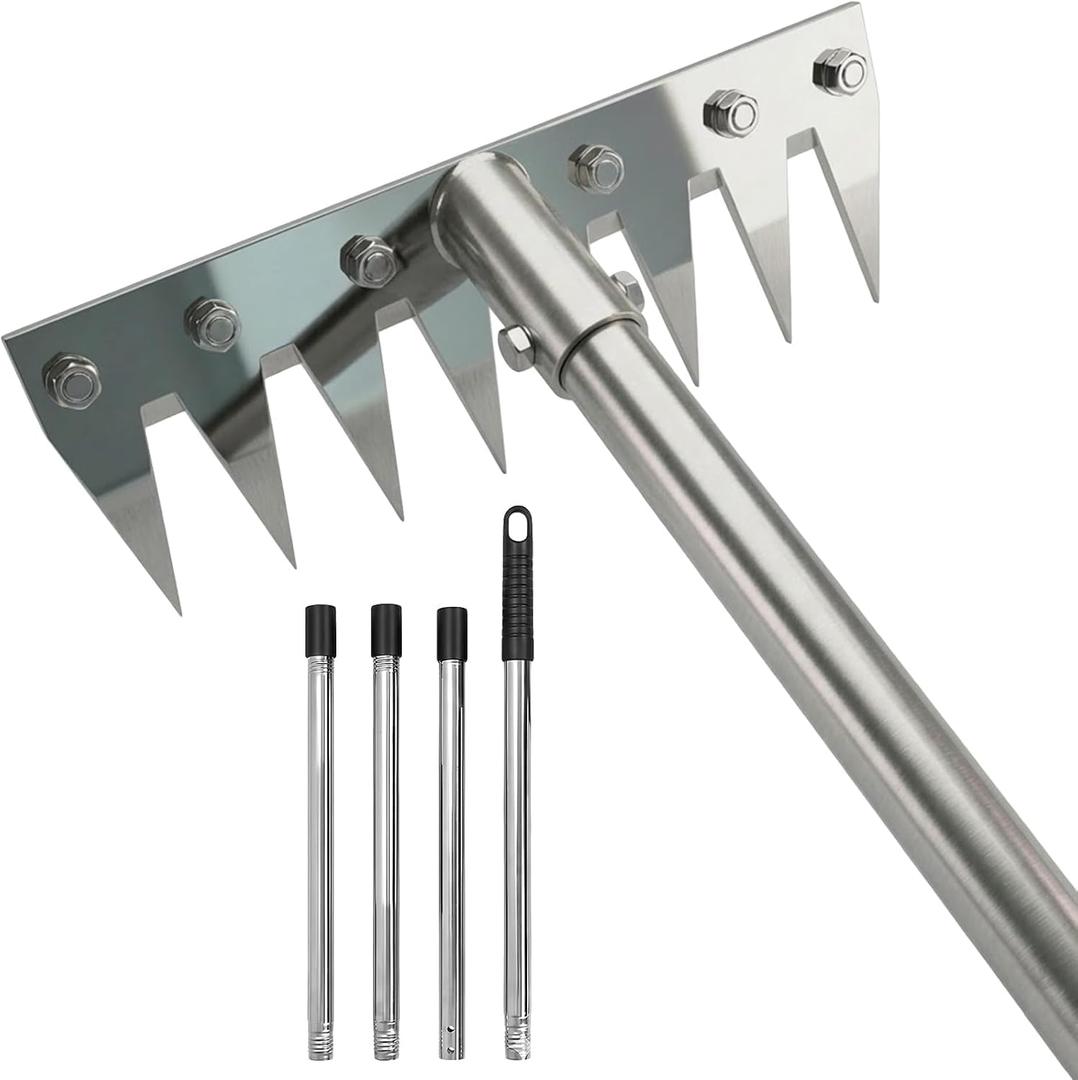 2 in 1 Weeding Rake w/ 60'' Handle, 8-Teeth Garden Weed Puller Tool Heavy Duty Gardening Tool for Lawn, Flower Beds, Cultivating & Soil Aeration (1, Chrome)