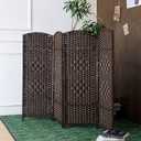 Furnnylane 4 Panel Dark Brown Rattan Room Divider, 47.2" Low Height Double-Sided Folding Privacy Screen, Freestanding Partition Wall for Home Office or Bedroom - Keeps Your Space Open & Airy