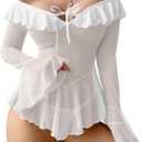 Foxiny Sexy Rave Ruffle Bell Long Sleeve Off Shoulder Mesh Sheer Babydoll Lingerie Set Dress with Thong 2 Piece, White 2XL