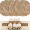 8 Pcs Handmade Boho Placemats Set of 4 Table Mats for Kitchen Dining Table Farmhouse Centerpiece Decor Natural Cotton Burlap and Water Straw Woven Combination Place Mats