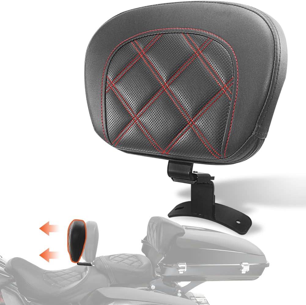 FOVPLUE Rider Backrest,Adjustable Driver Backrest Pad Kit fits for Harley Touring CVO Road Glide Road King Electra Glide Street Glide FLHR FLTRX FLHX FLHT 2009-2023,Double Red Stitching