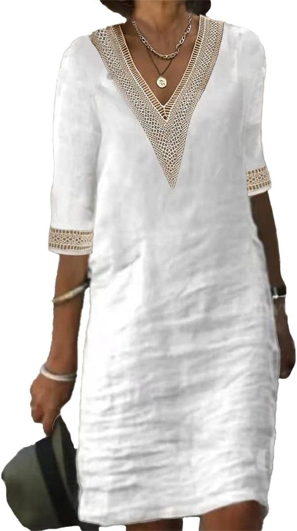 TS Women's Half Sleeve V-Neck Lace Ruffled Summer Dress Casual Ethnic Solid Basic Fashion Mid-Length Gifts (Medium, White)