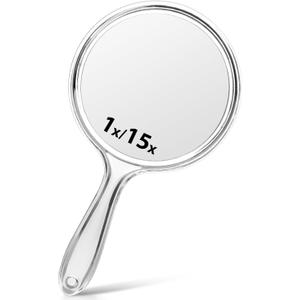 Macaki Hand Mirror, Double-Sided 1X/15X Magnifying Mirror with Handle, Acrylic, 10.5" L x 5.7" W, Clear, Pack of 1