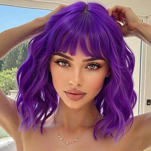 Purple Wig with Bangs Short Bob Wigs for Women Dark Purple Curly Wig Shoulder Length Women's Colorful Wavy Loose Wave Synthetic Heat Resistant Fiber Wigs for Cosplay Costume Party