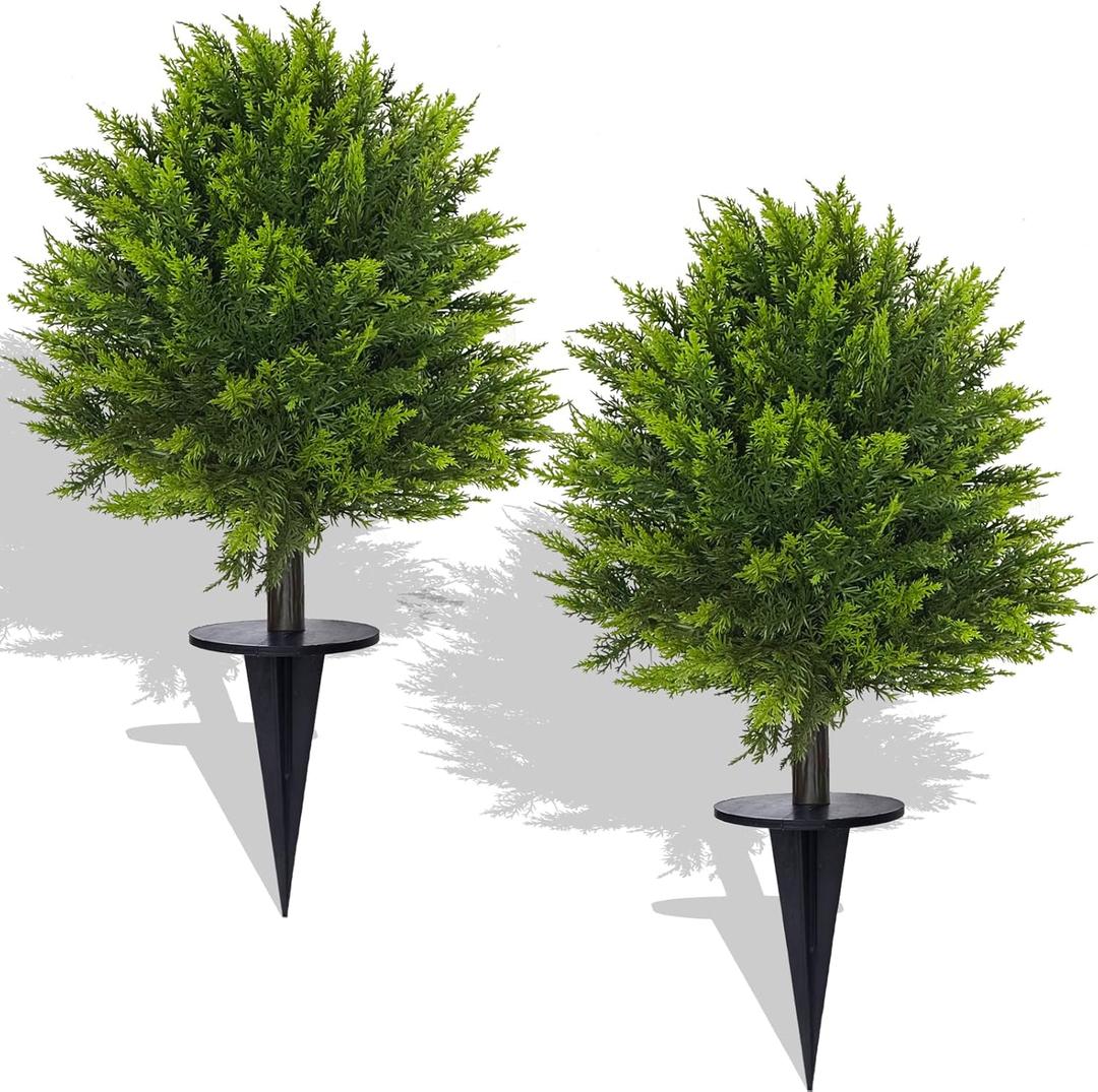Artificial Cypress Topiary Ball Tree with Ground Spike, Set of 2 Fake Shrub Bushes, 24" UV Resistant Artificial Plants for Outdoor Pot Fillers Planter Spring Decor, Faux Evergreen Tree for Front Porch
