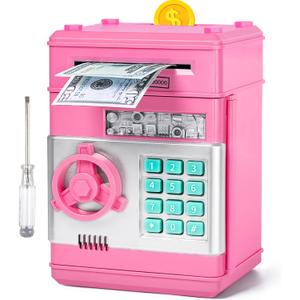 Piggy Bank for Boys Girls, Vcertcpl ATM Coin Bank Money Saving Box with Password, Kids Safe Money Jar with Auto Grab Bill Slot, Birthday Gifts Toys Bank for 6 7 8 9 10 11 12 Year Old Girls Boys (Large, Pink)