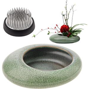 Folmywy Japanese Ceramic Ikebana Vase Kit with 1.57 Inch Flower Frog Kenzan Flower Stem Holder Green Round Ikebana Bowl Flower Arranger Pot for Summer Activity Table Decor