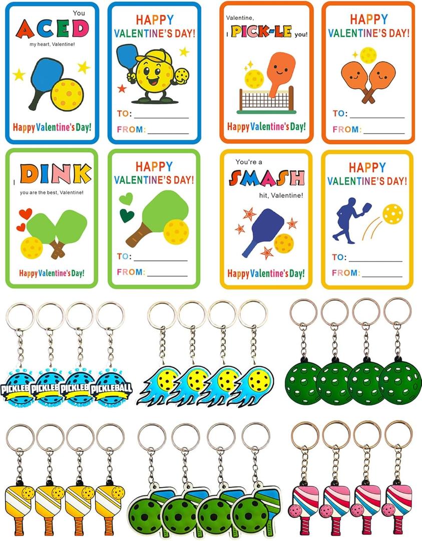 Pickleball Valentines Cards for Classroom Exchange Prizes 24 pcs Sports Valentines Keychains Gifts for School Pickleball