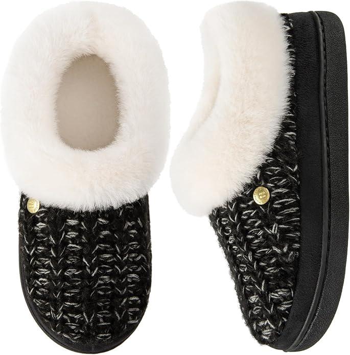 HomeTop Women's Knitted Clog Slippers Comfy Warm Memory Foam Non-slip Indoor House Shoes with Fuzzy Collar, Size 8