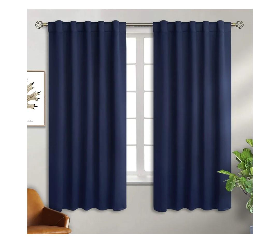 100% Blackout Shield Linen Blackout Curtains for Bedroom 96 Inches Long, Back Tab/Rod Pocket Living Room Drapes, Thermal Insulated Blackout Curtains 2 Panels Set, 50" W x 96" L, Midnight Blue