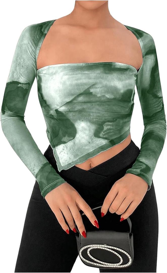 SOLY HUX Sexy Crop Tops for Women Long Sleeve Square Neck Asymmetrical Y2k Going Out Crop Tops Fall Outfits for Women, Green, Large
