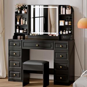 43" Makeup Vanity Desk with Mirror and Lights, & Power Outl, Glass Top Big Vanity Table with 9 Drawers& 8 Storage Shelves, Dressing Table Set with Chair for Bedroom, Black (15.75D*43.31W*57.48H)