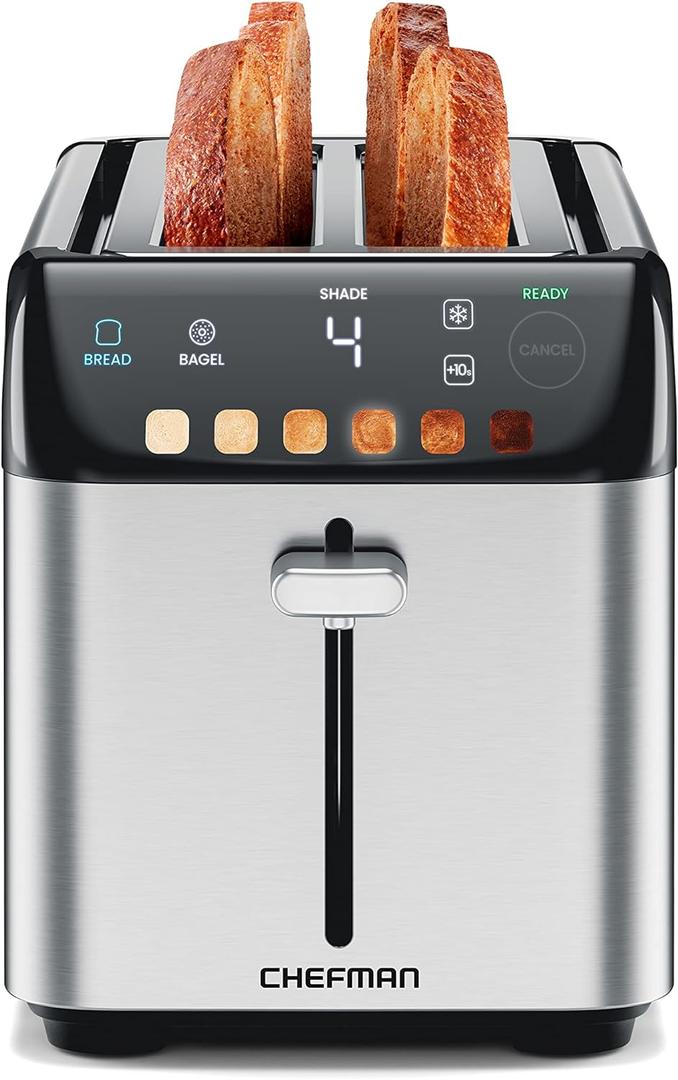 Chefman Smart Touch 4 Slice Digital Toaster, 6 Shade Settings, Stainless Steel Toaster 4 Slice with Extra-Wide Slots, Thick Bread Toaster and Bagel Toaster, 10, Defrost, Removable Crumb Tray