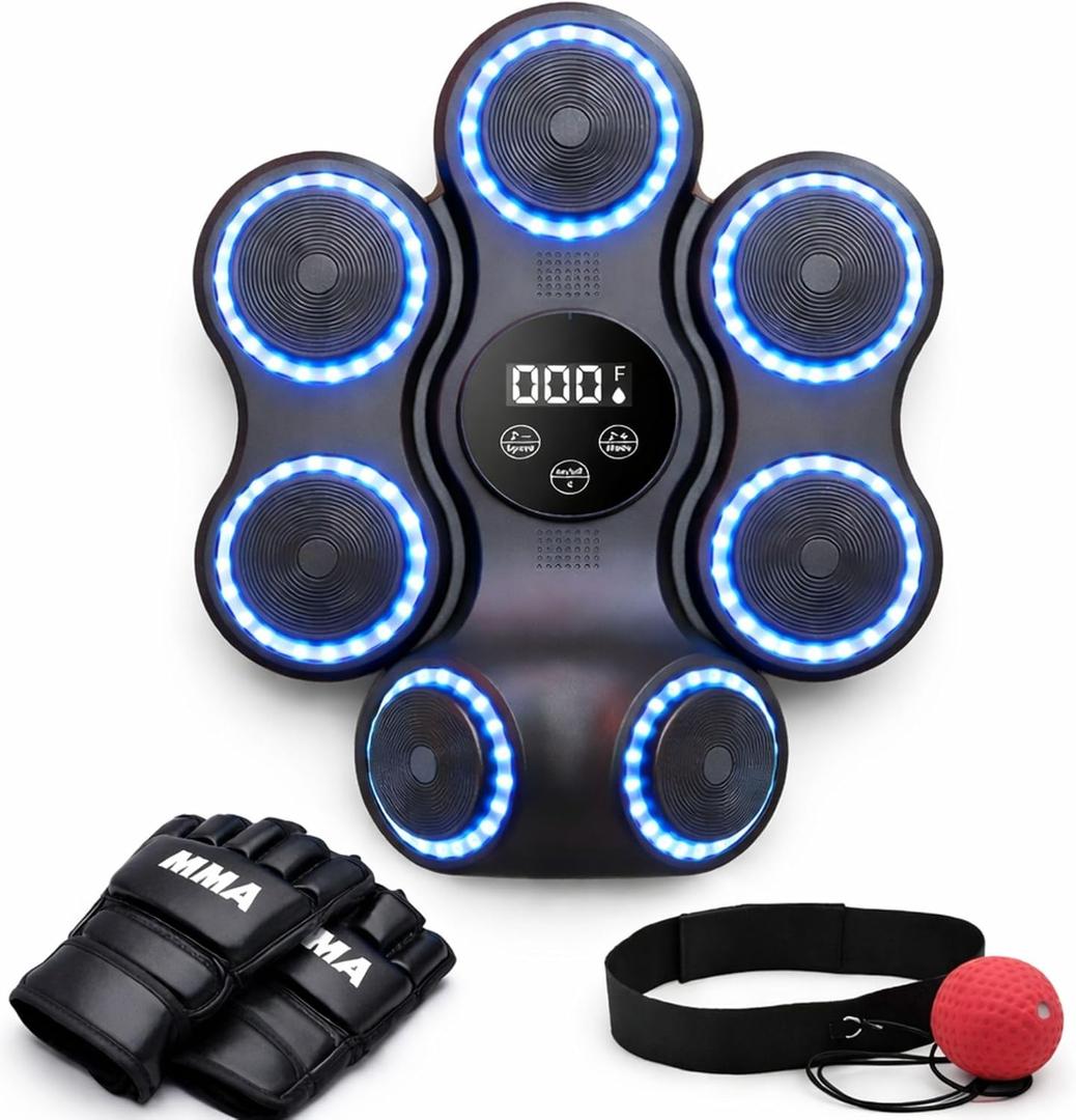 Music Boxing Machine for Adults & Kids | Wall Mounted Boxing Trainer with Bluetooth Speaker | LED Punch Target, Adjustable Speed Modes, Home Workout Equipment with MMA Gloves & Reaction Ball