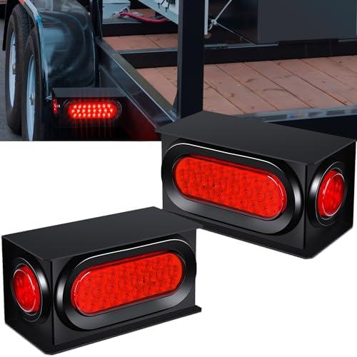 LINKITOM Trailer Lights Welded Mount Steel Boxes Kit w/6 inch LED Oval Tail Lights & 2 inch LED Red Round Side Lights w/Grommet wire connectors, 2 Pack