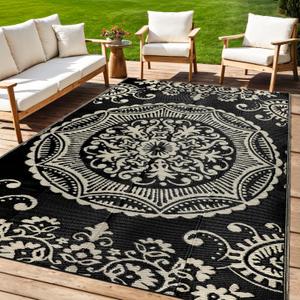 Capslpad 5x8 Outdoor Rug Waterproof Camel Boho Floral Patio Carpet Portable Plastic Straw Rug Foldable Outside Carpet with Carry Bag for RV Backyard Balcony Bench Picnic Porch (Black&brown)