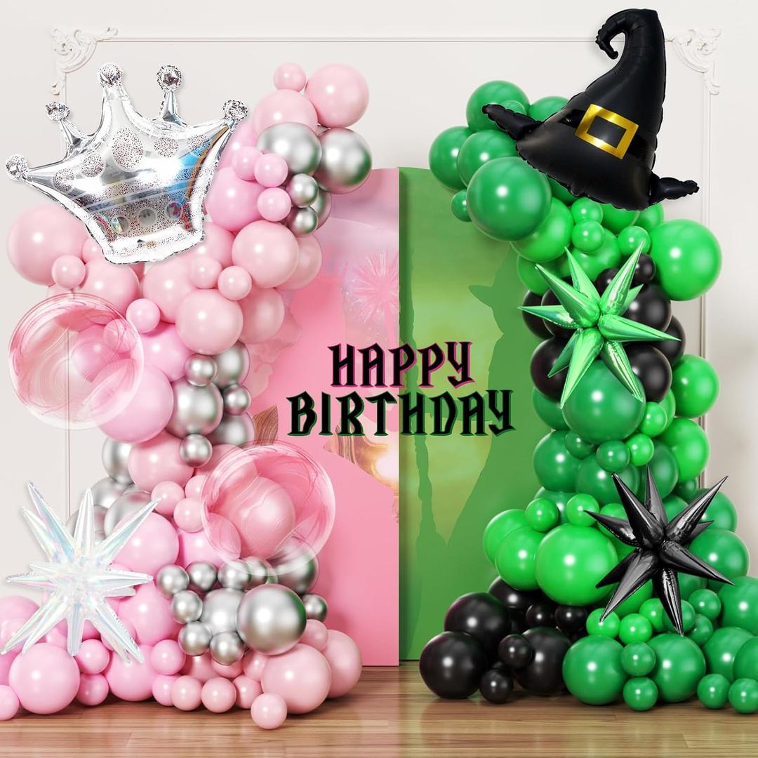 JOGAMS 222pcs Pink and Green Balloon Arch Garland Kit with Black Silver Crown Iridescent Exploding Star Bubble Wizard Hats Balloons for Princess Witch Themed Birthday Baby Shower Decorations