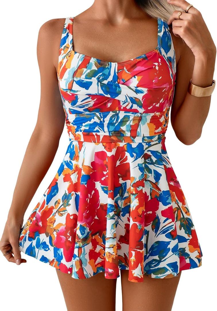 B2prity One Piece Swimdress Swimsuit for Women Tummy Control Wrap Swim Dress Modest Ruched Skirt Bathing Suit (XX-Large, Red Floral Print)