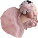 Newborn Photography Outfits Girl, Baby Girl Photoshoot Props, Lace Romper with Headband for 0-3 Months Newborn Pink
