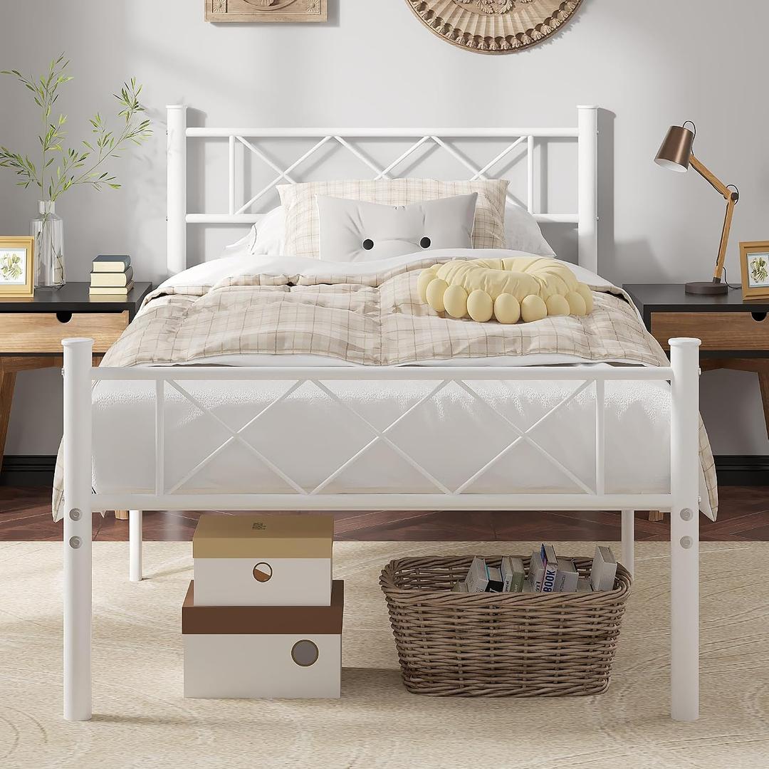VECELO Twin Size Bed Frame with Headboard, Heavy Duty Bedframe with Strong Metal Slats, No Box Spring Needed & Easy Assembly, Pure White