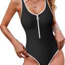Saodimallsu Womens Zip Up One Piece Swimsuit Color Block Backless Vintage Slimming High Cut Bathing Suit (X-Large, Black)