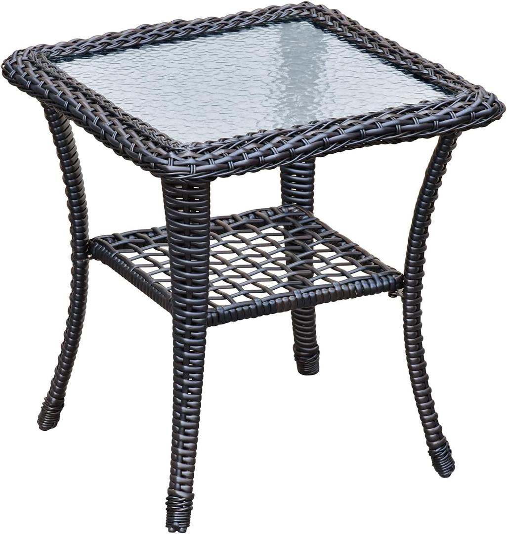 ATR ART TO REAL Outdoor Side Table, Indoor Outdoor Tempered Glass Top Wicker Coffee Bistro Table, All-Weather Patio Square Storage End Table, Steel Frame, 20''x 20''x20''