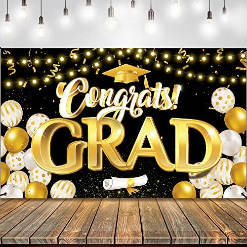 KatchOn, XtraLarge Congrats Grad Banner - 72x44 Inch, Graduation Banner | Congratulations Backdrop | Black and Gold Backdrop | Graduation Decorations 2025