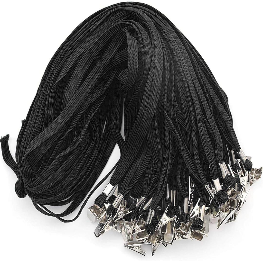 Beebel Lanyard 100 Pack Black Badge Lanyards Flat Lanyards Round 32" with Badge Clip