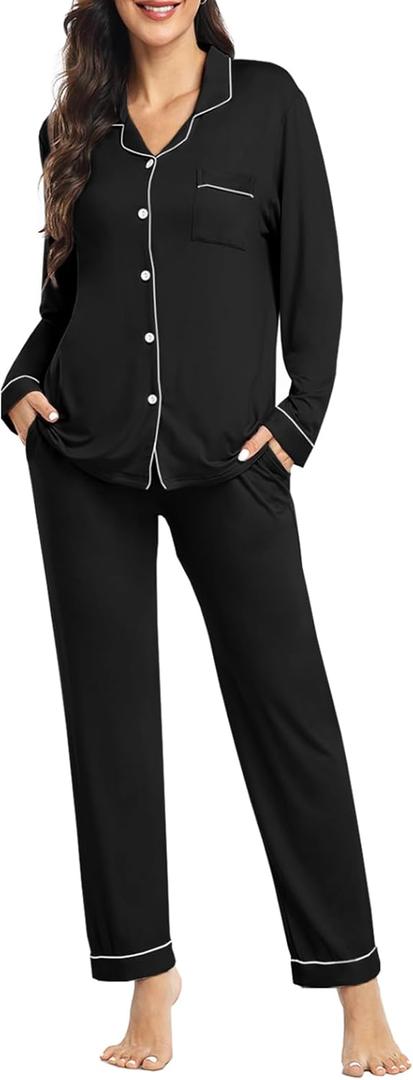 YOPUGEE Womens Modal Button Up Pajamas 2 Piece Long Sleeve Comfy Pjs Sleepwear Soft Pajama Lounge Set Loungewear S-3XL (Medium, 01 Black)