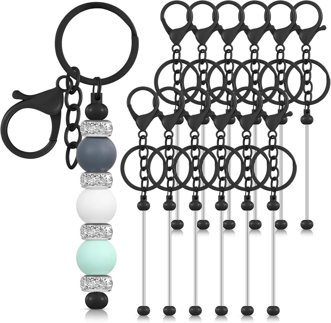 Tondiamo 12 Pcs Beadable Keychains Bars Bulk Blank Beaded Metal Keychain for Craft DIY Gift (Black)